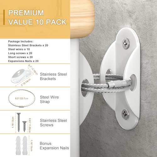 Complete hardware kit of baby proofing brackets screws and adjustable steel cables laid out neatly