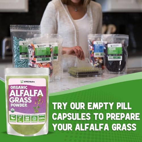 Organic alfalfa powder ingredients and certifications display