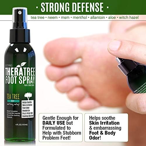 Menthol infused shoe odor eliminator spray for gym bags.