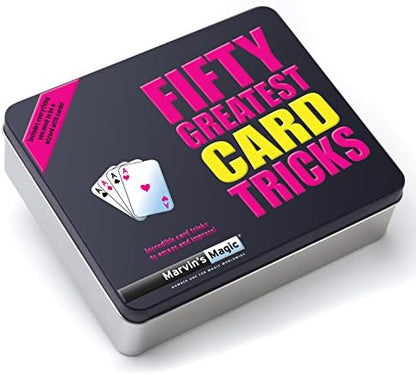Rear packaging details of the fifty card illusions magic set showing trick examples
