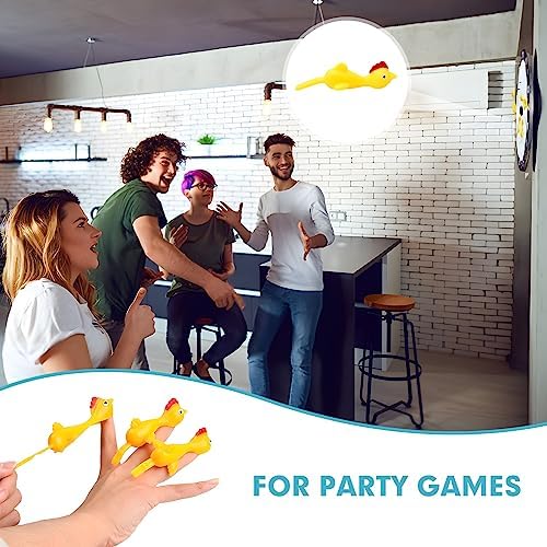 Group of colorful novelty flying chickens bouncing off an indoor surface during a backyard game
