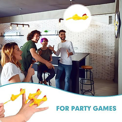 Group of colorful novelty flying chickens bouncing off an indoor surface during a backyard game