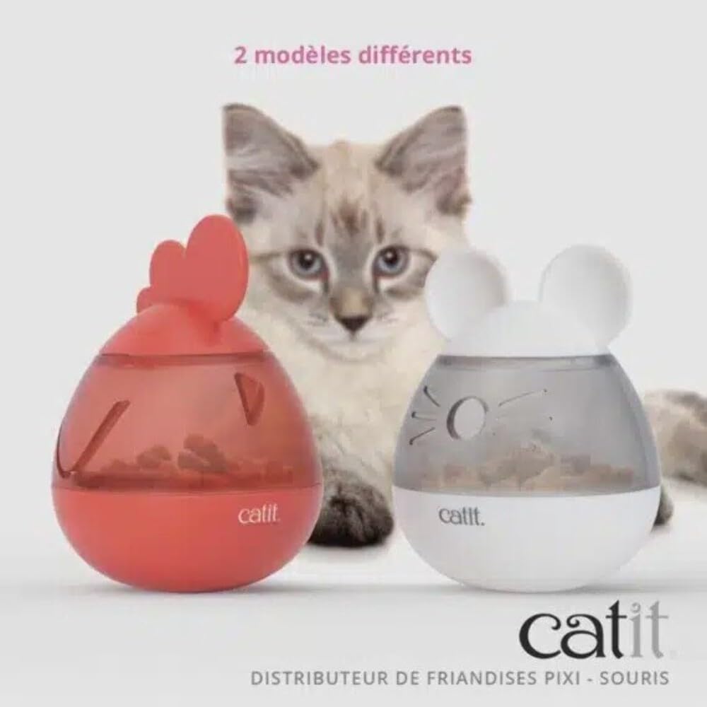 Catit PIXI slow feeder mouse toy displaying the transparent treat compartment