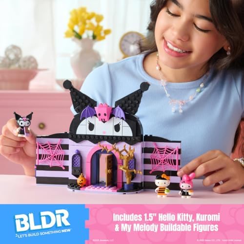 Close-up view of the three included posable minifigures Kuromi Hello Kitty and My Melody.