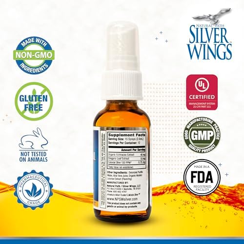 Natural Path Silver Wings Colloidal Silver herbal tincture spray with echinacea and oregano packaging details.