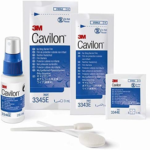 3M Cavilon No Sting Barrier Film packaging showing sterile wipe benefits for sensitive skin.