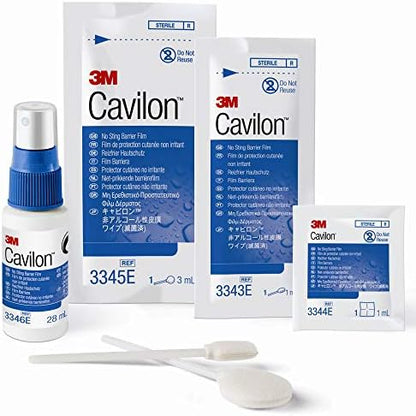 3M Cavilon No Sting Barrier Film packaging showing sterile wipe benefits for sensitive skin.
