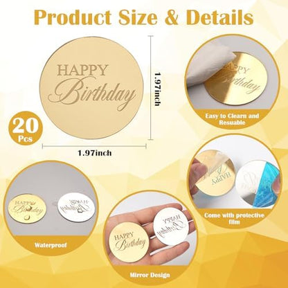 Close up of engraved happy birthday gold mirror acrylic disc
