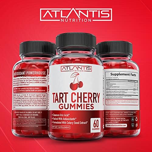 Atlantis Nutrition Tart Cherry Gummies bottle next to fresh cherries