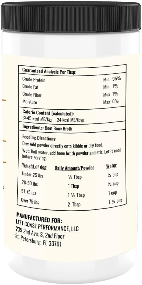 Left Coast Performance grass fed pet bone broth powder single ingredient packaging