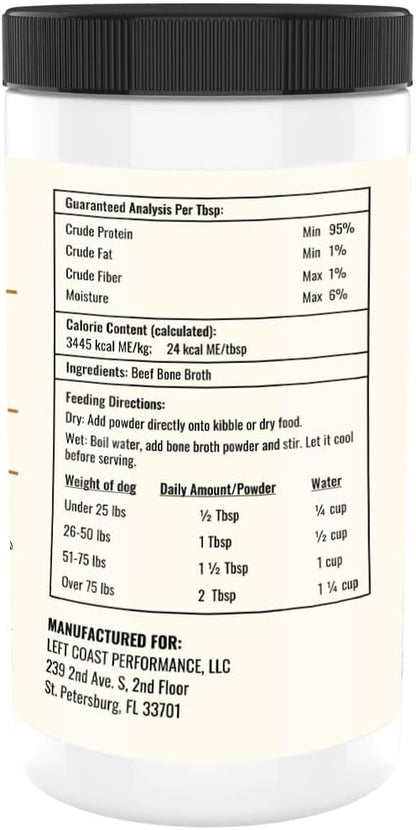 Left Coast Performance grass fed pet bone broth powder single ingredient packaging