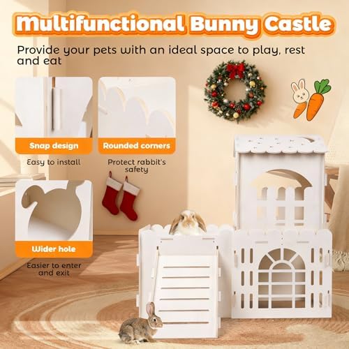 Large Rabbit House, Wooden Bunny Castle with 3 Houses Indoor, Rabbit Guinea Pig Cage Multistory Climbing Tower Sturdy Wooden Castle, Small Animal Hideaway Tunnel - Image 4