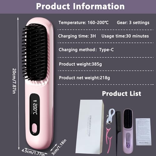 Pink cordless hair straightener brush in travel bag