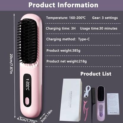 Pink cordless hair straightener brush in travel bag