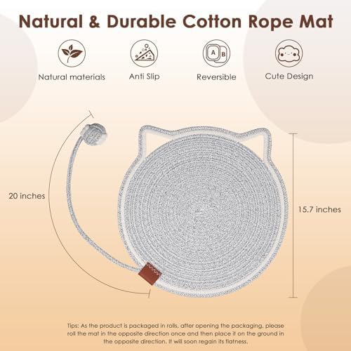 Natural cotton rope scratch mat being used as a furniture protector on a couch.