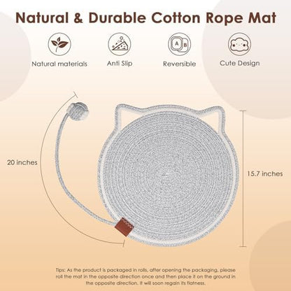 Natural cotton rope scratch mat being used as a furniture protector on a couch.