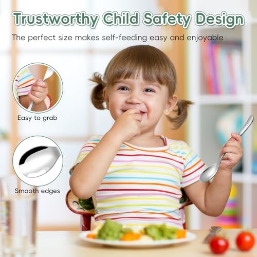 DRKIO twelve piece children silverware set laid out on a kitchen counter top