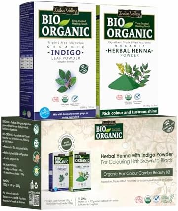 Indus Valley organic hair dye kit showing certified organic seals for pure indigo and herbal henna powders