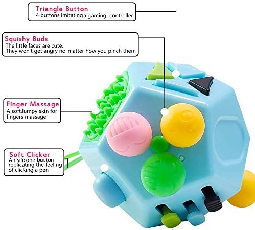 WCZC blue sensory cube toy for kids and adults being held in a hand to demonstrate palm-sized scale.