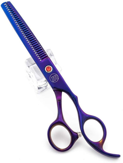 Moontay upward and downward curved stainless steel dog grooming scissors close up