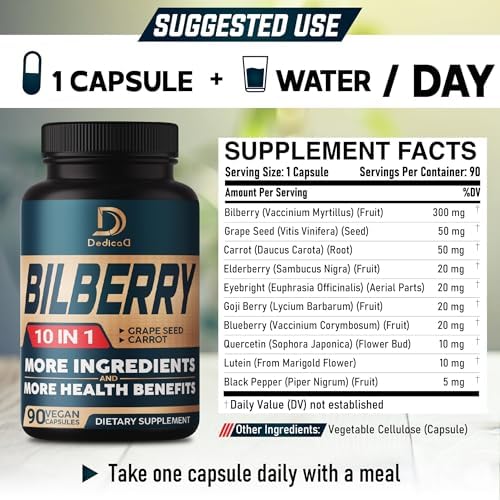 DEDICAD Bilberry capsules container showcasing the premium USA imported product seals and manufacturing compliance.
