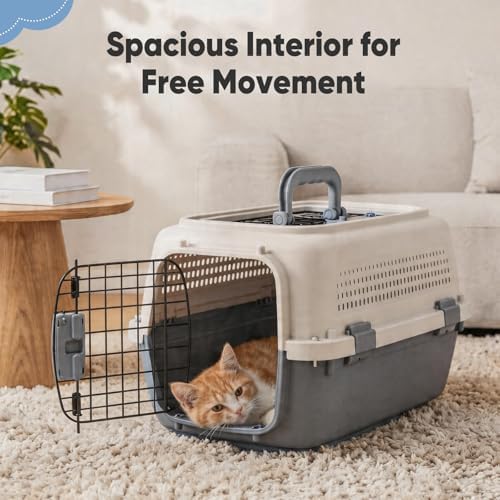 DUMOS 23" Hard-Sided Pet Carrier for Small Dogs & Cats, Airline Approved Travel Crate with Enhanced Security Latches, Front & Top Load Wire Door, Food Bowl for Traveling, Hiking, Camping, Beige&Grey - Image 7