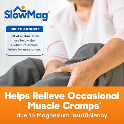 Slow-Mag muscle relaxation and nerve support imported supplement bottle against a clean medical background