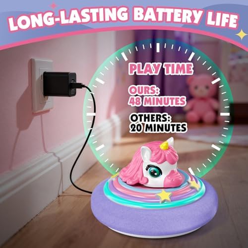 SOGAWEBB musical light up unicorn toy floating smoothly across a polished living room hardwood floor