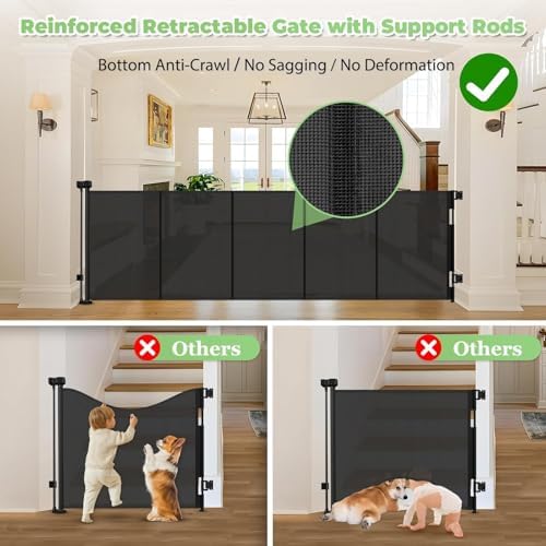 Extra long retractable dog gate extended across an outdoor wooden deck opening.