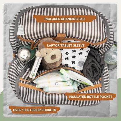 Cream Parker Baby diaper backpack interior view with padded laptop sleeve and mesh pocket organizers