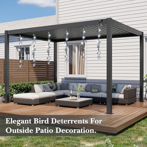 Stainless steel 3D bird scare discs hanging in a garden