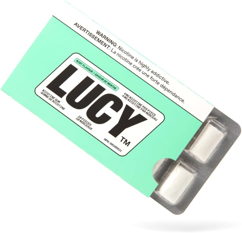 LUCY Nicotine Gum 4mg Mint 100 Count front packaging for smoking cessation.