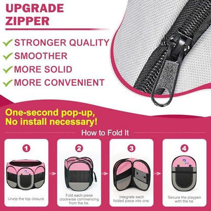Playpen for Small Dogs Cats Crate: Puppy Play Pen Indoor Outdoor Foldable Potable Exercise Cage Pop up Kennel for Guinea Pig Rabbits Hamster Travel with Carrying Case & Food Bowl (Pink, M, 1) - Image 8