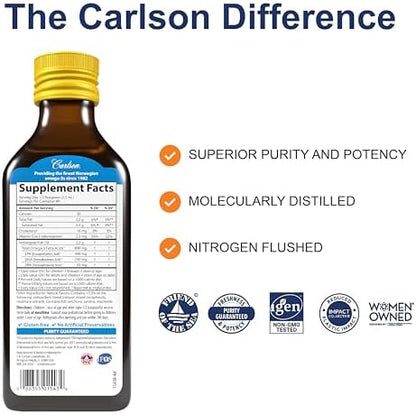 Carlson Kids Norwegian fish oil liquid nutritional facts label close up
