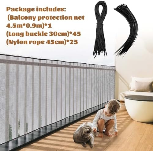 Hosuly baby fence door mesh backing view with included nylon ropes and buckles