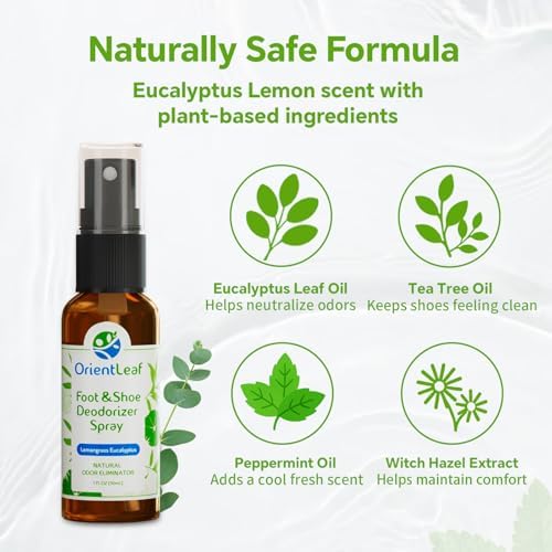 Natural eucalyptus and lemongrass shoe spray for eliminating tough sneaker odors.
