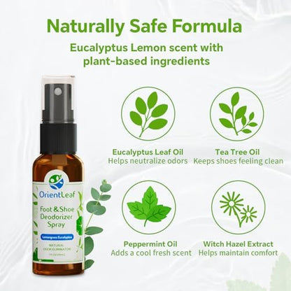 Natural eucalyptus and lemongrass shoe spray for eliminating tough sneaker odors.