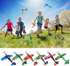 Foam glider planes soaring through the air demonstrating the thirty feet flight capability of the toy.