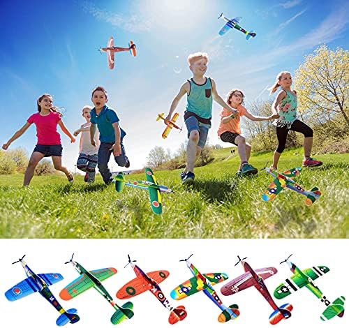 Foam glider planes soaring through the air demonstrating the thirty feet flight capability of the toy.