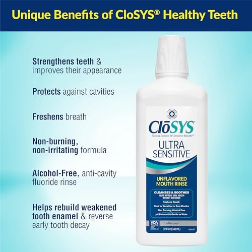 Side view of CloSYS unflavored mouthwash showing product directions and usage details.