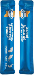 Premium wet dog food toppers squeezed directly over dry canine kibble