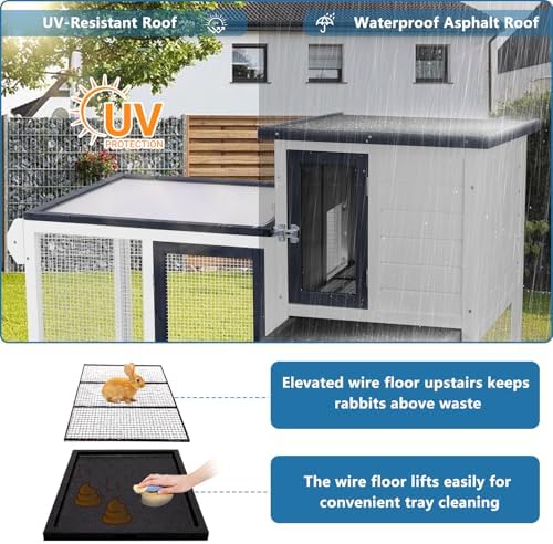 Rabbit Hutch Indoor Outdoor Bunny Cage, Weather Resistant Openable Roof, Slide Out Tray, Handle & Rolling Wheels, Chicken Coop, 48.05" L x 26.02" W x 34.3" H, White - Image 7