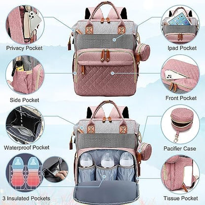 SHITIESHOU unisex diaper backpack being used with included stroller straps on a pram