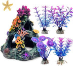 Vibrant artificial aquatic plants in purple and blue with weighted bases for fish tanks