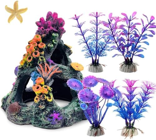 Vibrant artificial aquatic plants in purple and blue with weighted bases for fish tanks