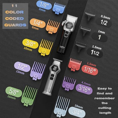 AngFan grooming kit showing the complete selection of eight color coded attachment guard combs
