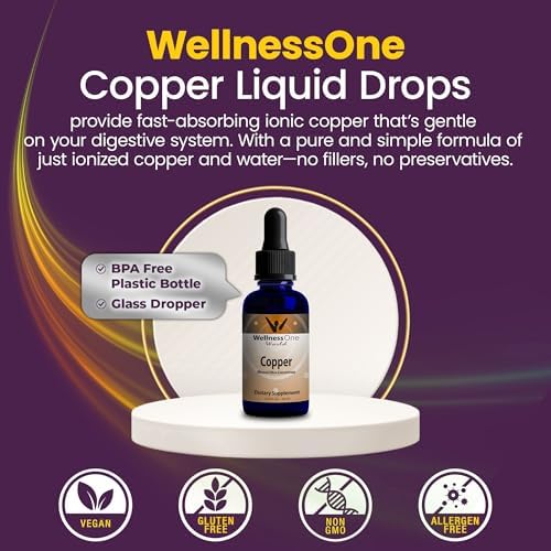 Premium ionic copper dietary supplement bottle with its glass dropper for easy dosage