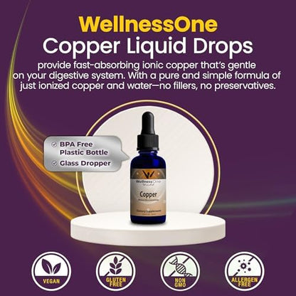 Premium ionic copper dietary supplement bottle with its glass dropper for easy dosage