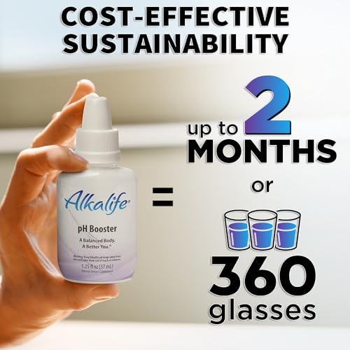 Alkalife liquid concentrate bottle being applied to a glass of water for pH balance