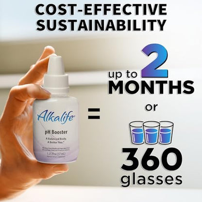 Alkalife liquid concentrate bottle being applied to a glass of water for pH balance